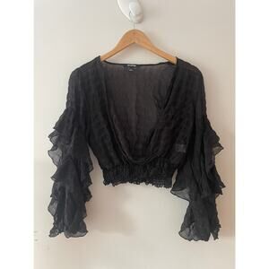 Black Sheer Chiffon Crop Witchy Tiered Ruffle Fluted Sleeve Boho Festival Top L